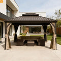 Outdoor Gazebo Hardtop Steel Brown 13x15ft Curtains Netting