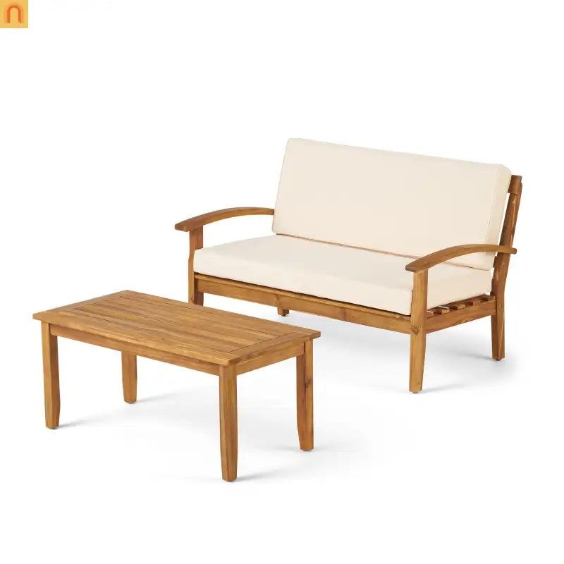 Outdoor Loveseat Set Acacia Wood Teak Cushions with Table 51in