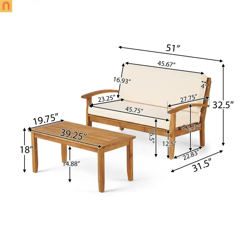 Outdoor Loveseat Set Acacia Wood Teak Cushions with Table 51in