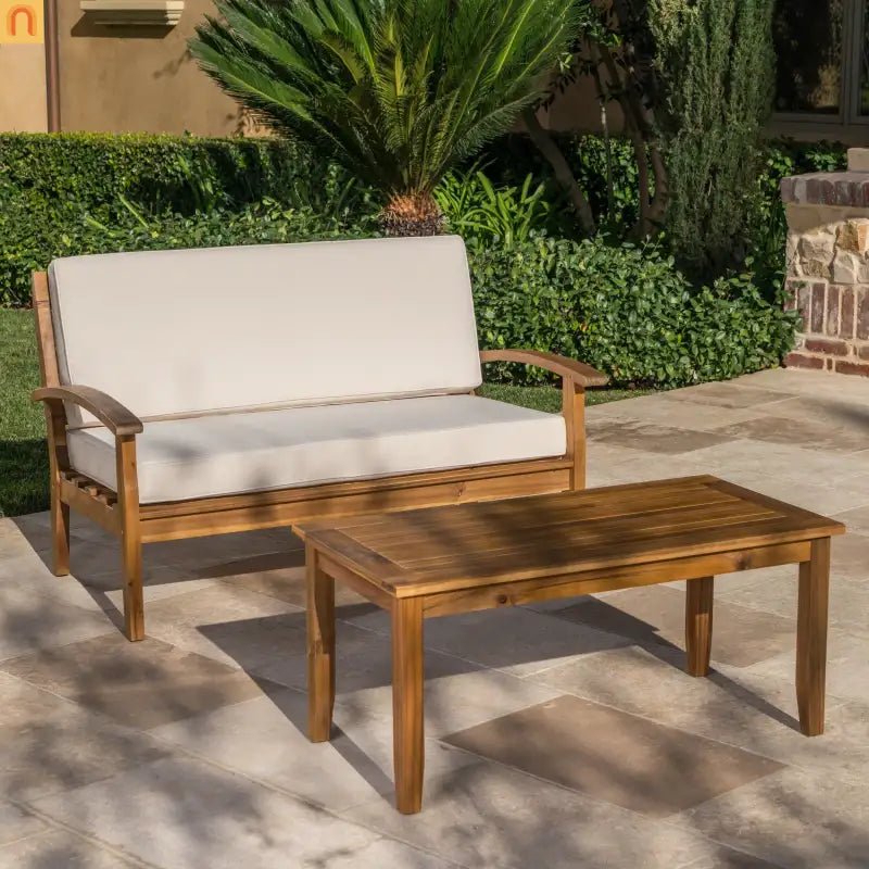 Outdoor Loveseat Set Acacia Wood Teak Cushions with Table 51in