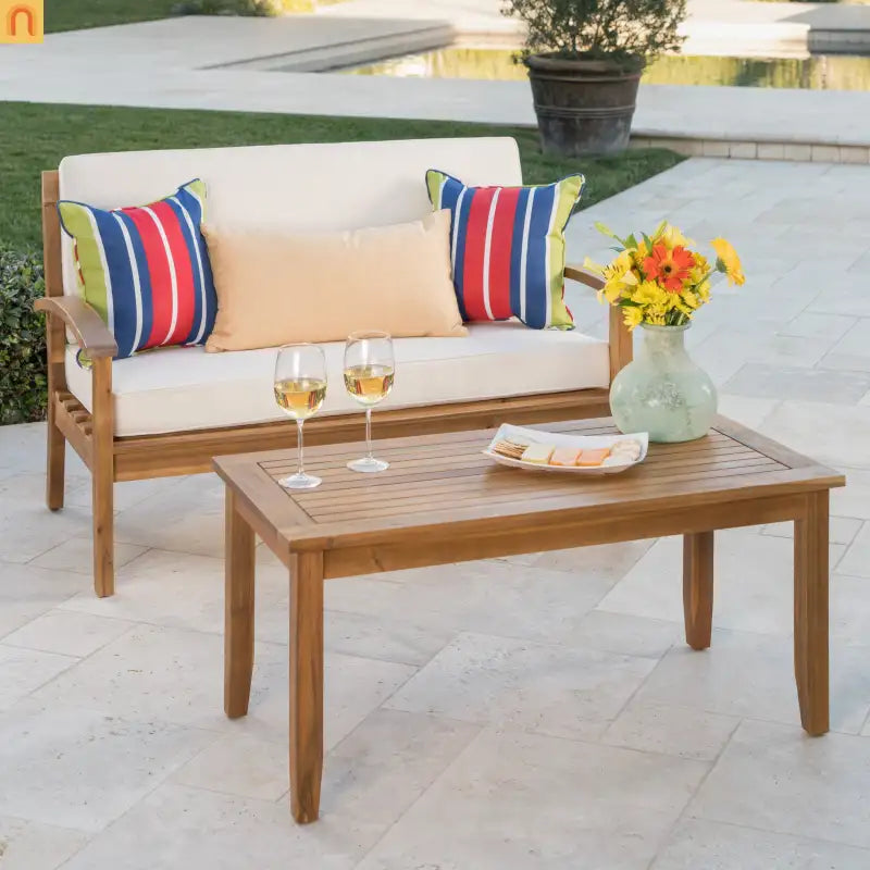 Outdoor Loveseat Set Acacia Wood Teak Cushions with Table 51in
