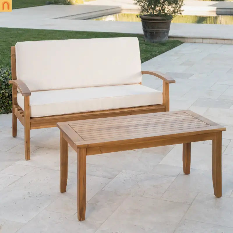 Outdoor Loveseat Set Acacia Wood Teak Cushions with Table 51in