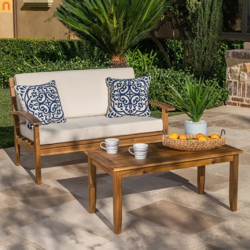 Outdoor Loveseat Set Acacia Wood Teak Cushions with Table 51in