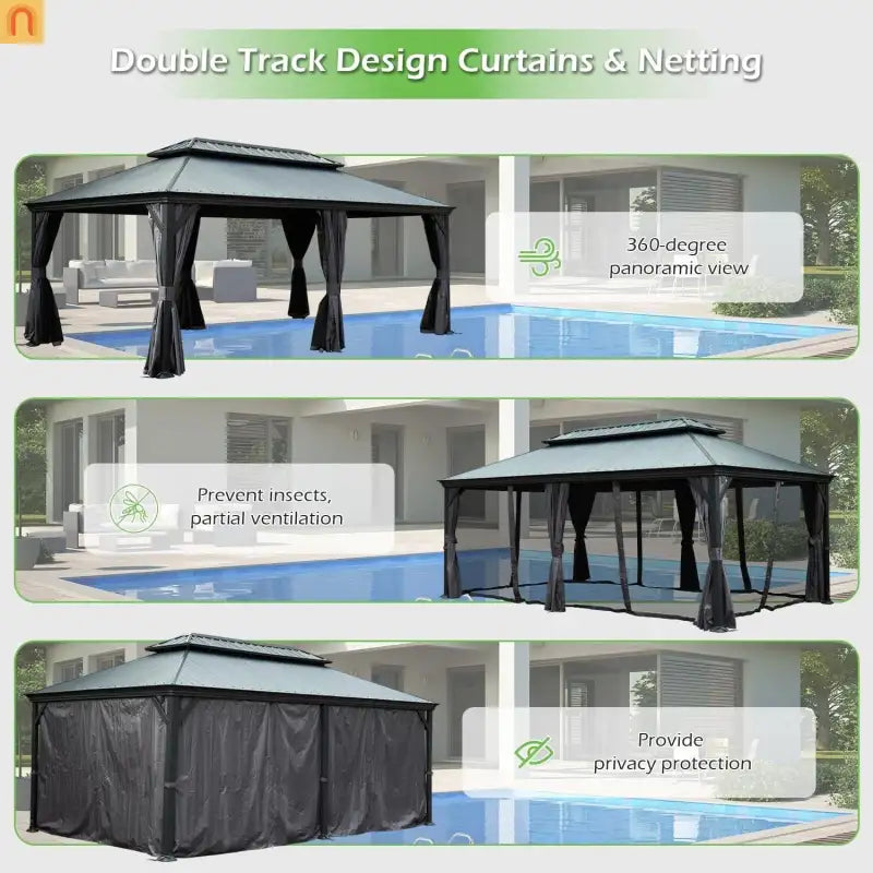 Outdoor Gazebo Hardtop Steel Dark Gray 12x20ft Netting Curtains