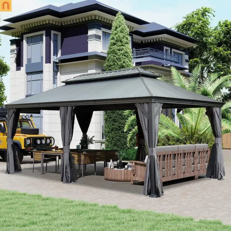 Outdoor Gazebo Hardtop Steel Dark Gray 12x20ft Netting Curtains