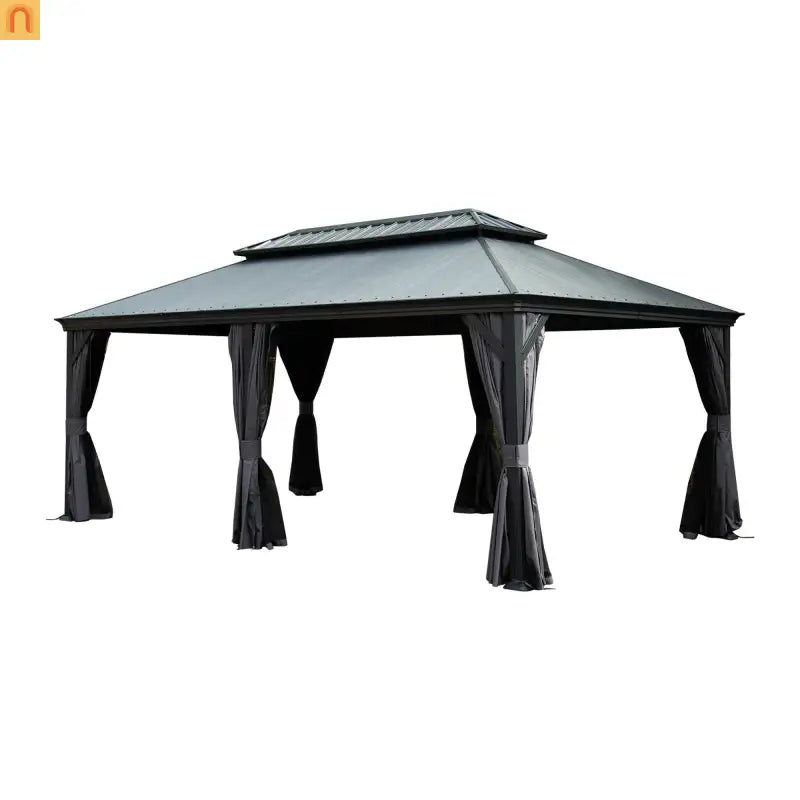 Outdoor Gazebo Hardtop Steel Dark Gray 12x20ft Netting Curtains