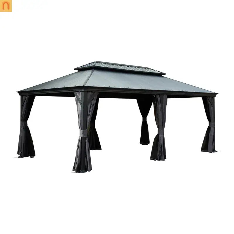 Outdoor Gazebo Hardtop Steel Dark Gray 12x20ft Netting Curtains
