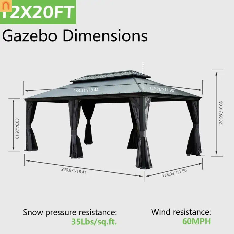 Outdoor Gazebo Hardtop Steel Dark Gray 12x20ft Netting Curtains