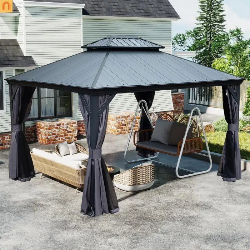 Hardtop Gazebo Steel Dark Gray 12x16ft Curtains Netting