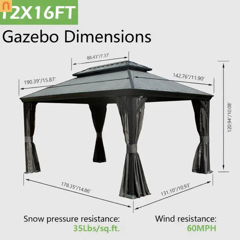 Hardtop Gazebo Steel Dark Gray 12x16ft Curtains Netting