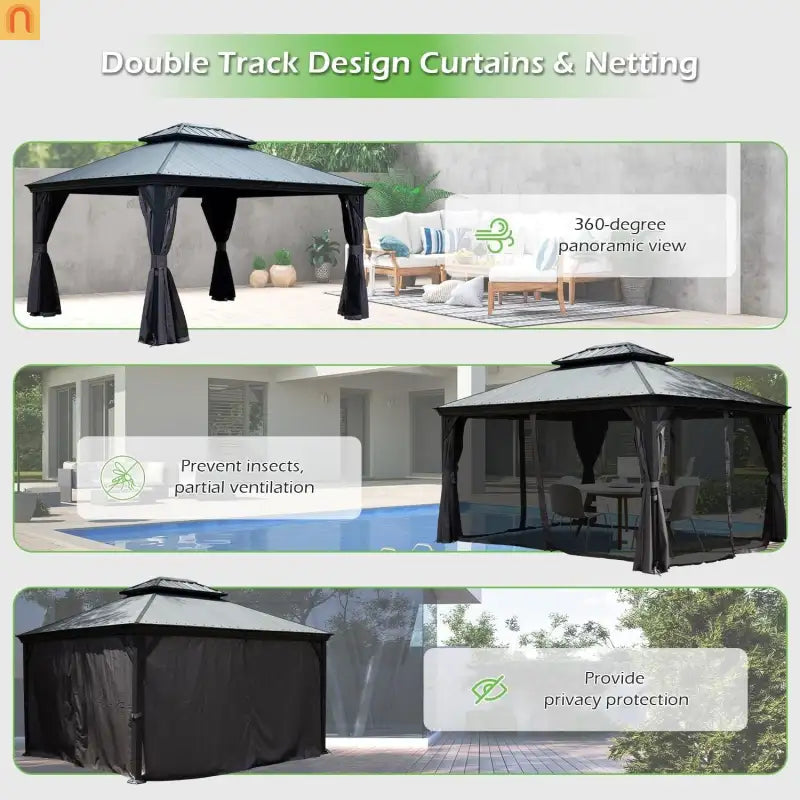 Hardtop Gazebo Steel Dark Gray 12x16ft Curtains Netting