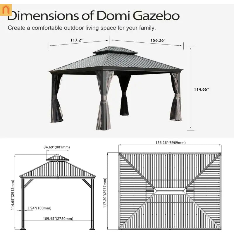 Hardtop Gazebo Steel Gray 10x13ft Curtains Netting 40MPH