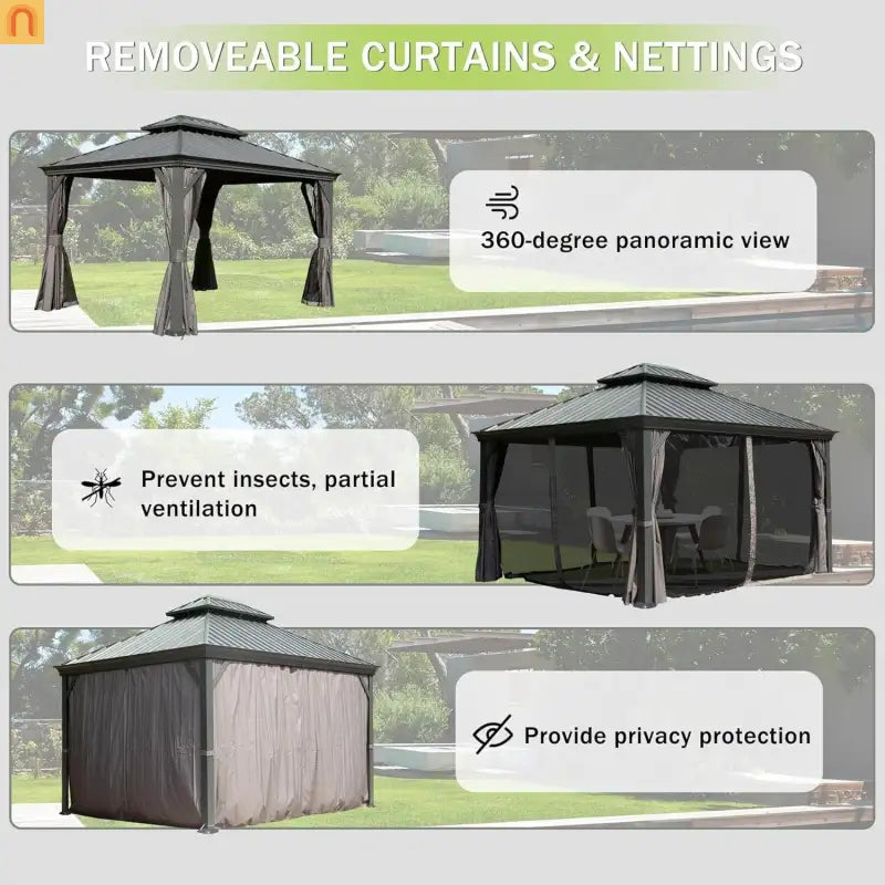 Hardtop Gazebo Steel Gray 10x13ft Curtains Netting 40MPH