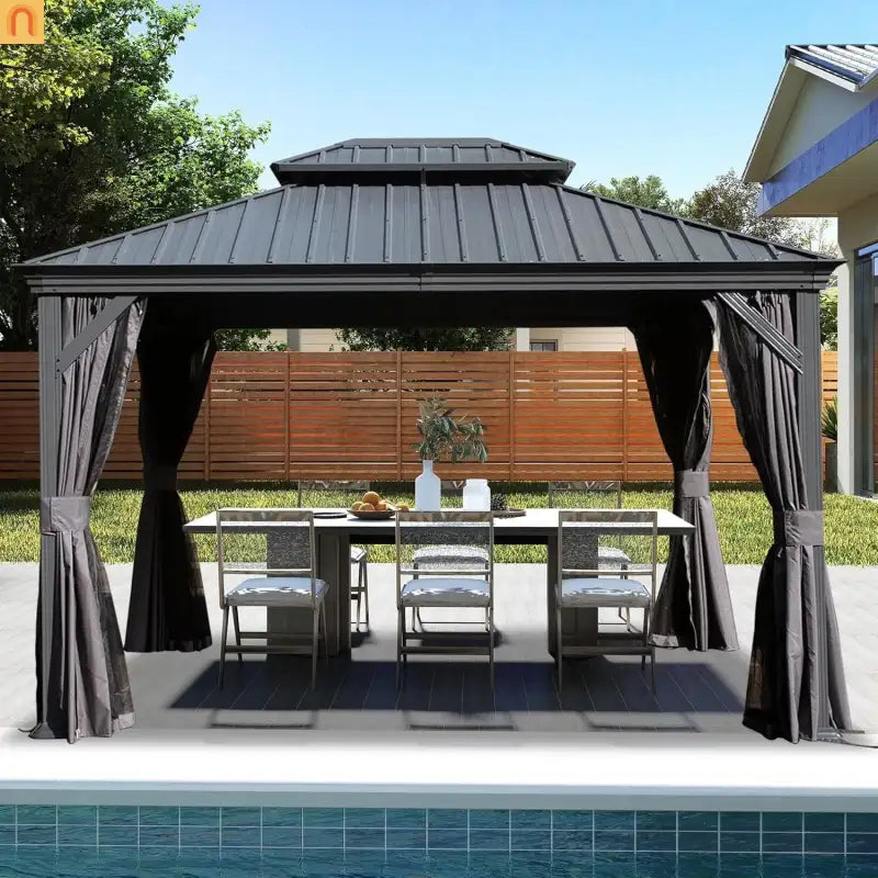 Hardtop Gazebo Steel Gray 10x13ft Curtains Netting 40MPH