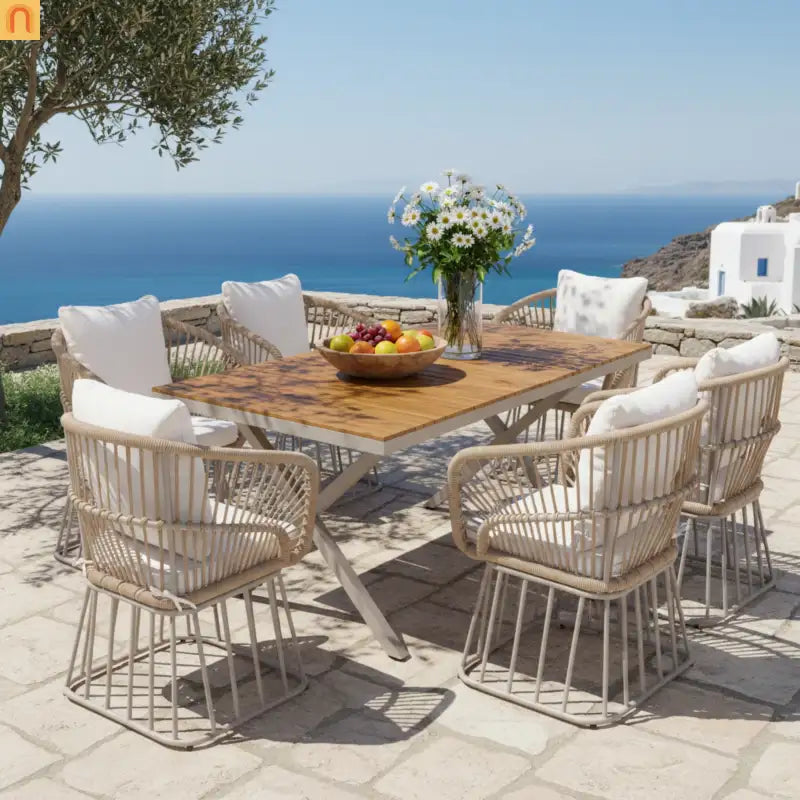 Outdoor Dining Set Teak Table Wicker Chairs Beige 7 Piece Seats 6