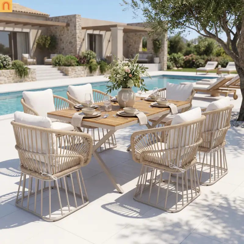Outdoor Dining Set Teak Table Wicker Chairs Beige 7 Piece Seats 6