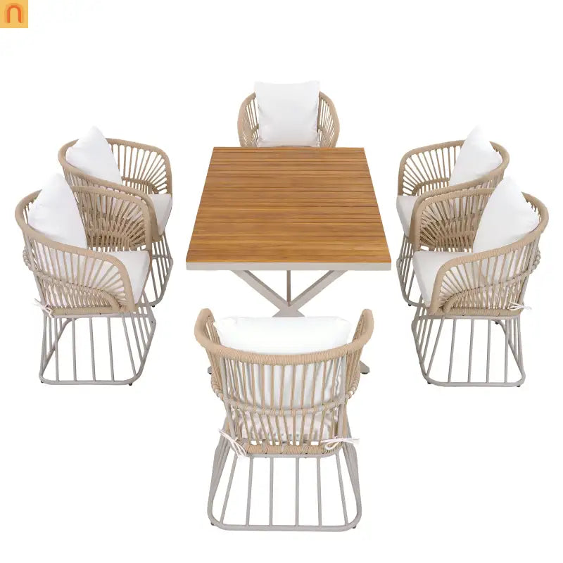 Outdoor Dining Set Teak Table Wicker Chairs Beige 7 Piece Seats 6