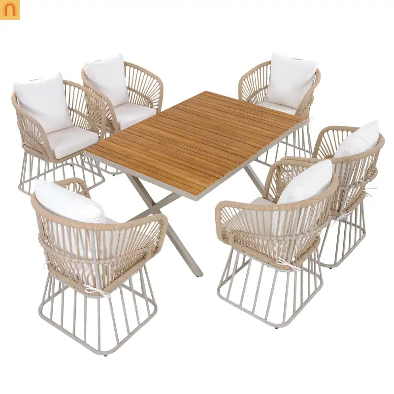 Outdoor Dining Set Teak Table Wicker Chairs Beige 7 Piece Seats 6