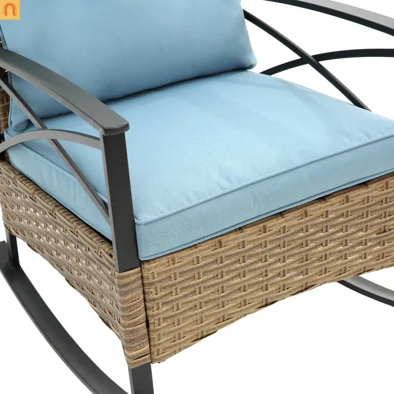 Outdoor Rocking Chair Set Rattan Steel Blue 3-Piece with Table