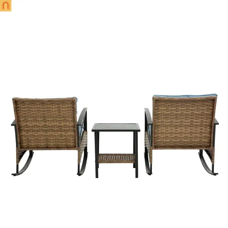 Outdoor Rocking Chair Set Rattan Steel Blue 3-Piece with Table