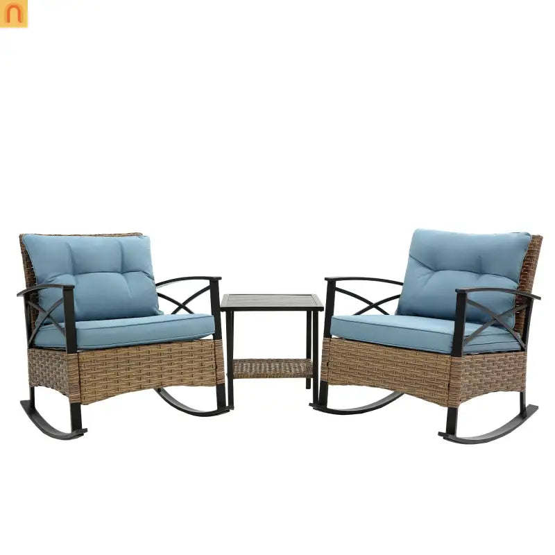 Outdoor Rocking Chair Set Rattan Steel Blue 3-Piece with Table