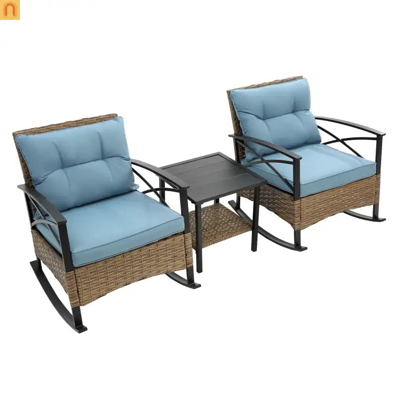 Outdoor Rocking Chair Set Rattan Steel Blue 3-Piece with Table