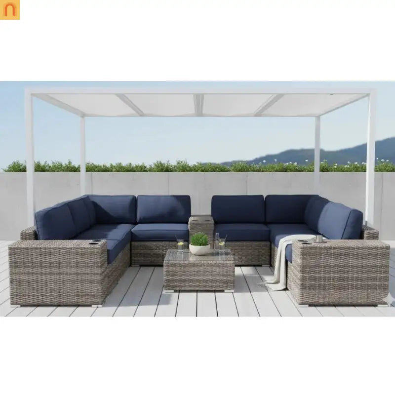 Outdoor Sectional Set Wicker Gray 12-Piece Sunbrella Seats 6