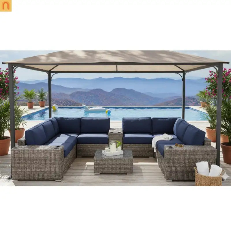 Outdoor Sectional Set Wicker Gray 12-Piece Sunbrella Seats 6