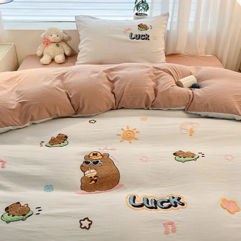 Pastel cartoon embroidered cotton bedding set for bedroom