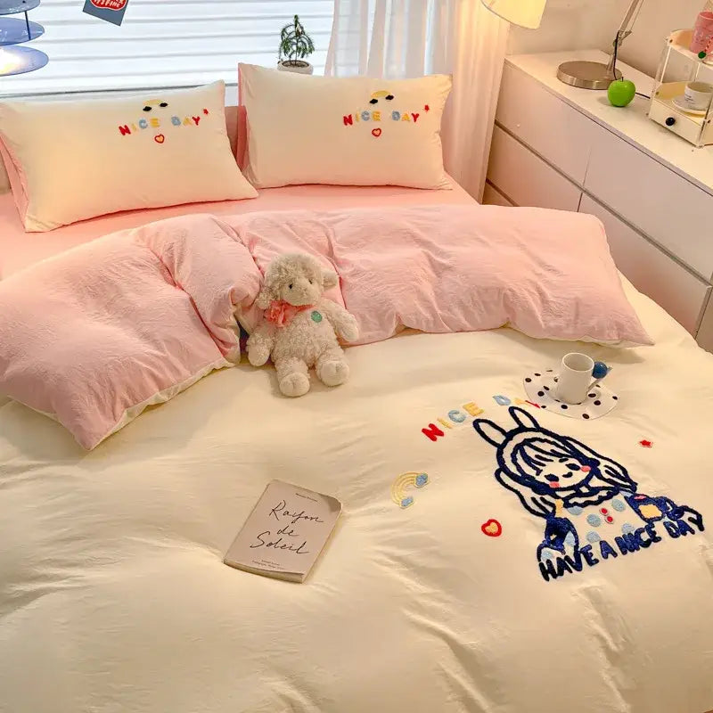 Pastel cartoon embroidered cotton bedding set for bedroom