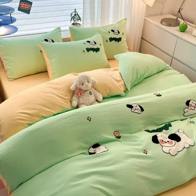 Pastel cartoon embroidered cotton bedding set for bedroom