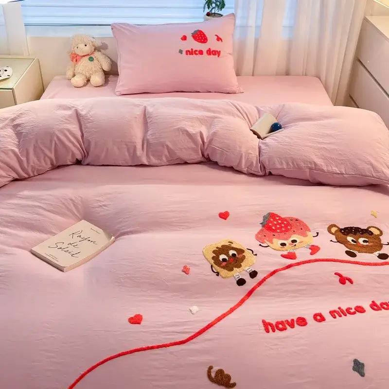 Pastel cartoon embroidered cotton bedding set for bedroom