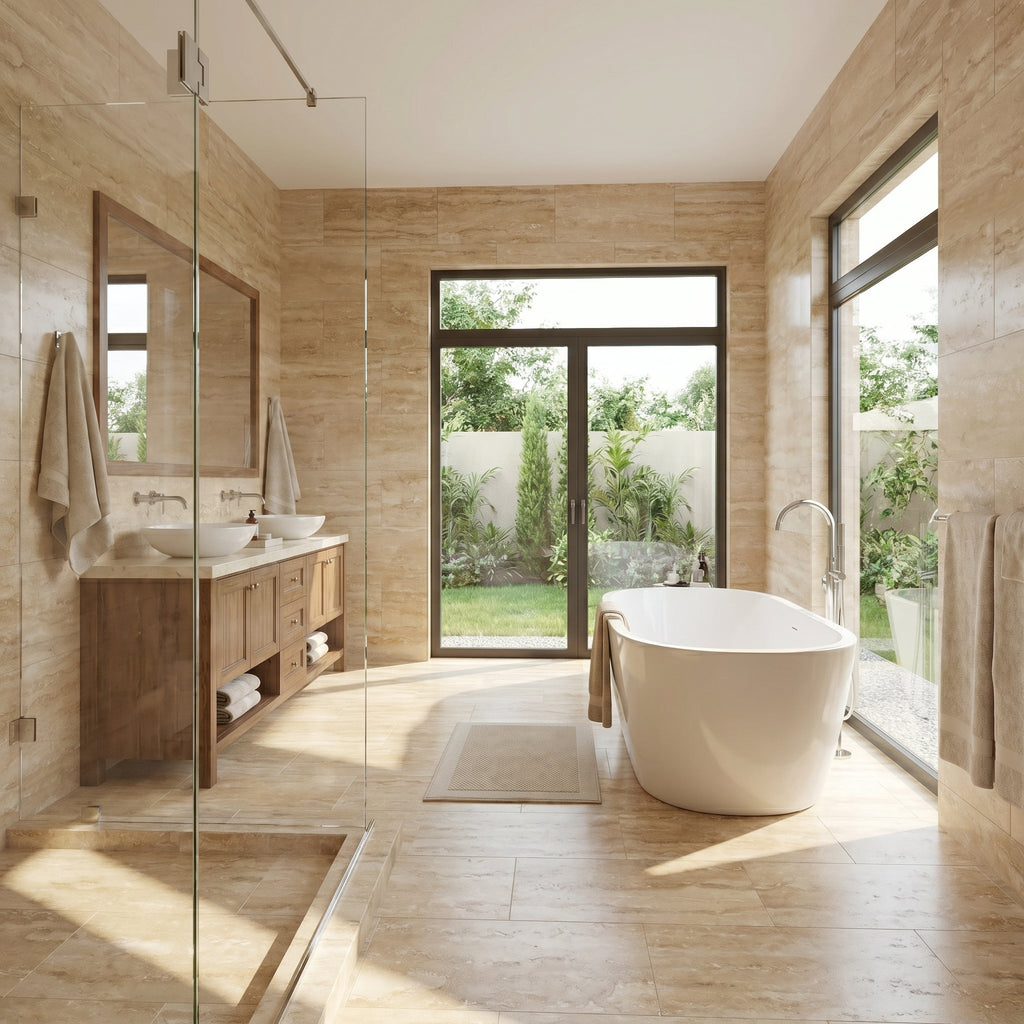 Patara Vein-Cut Travertine Floor and Wall Tile Brushed Finish