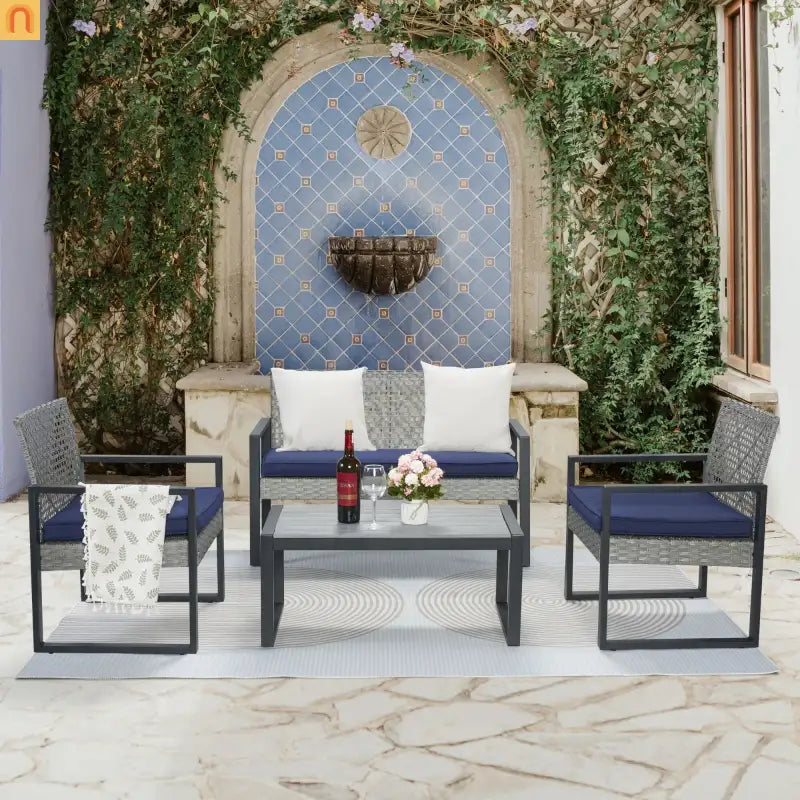 Outdoor Sectional Set PE Rattan Gray Acacia Blue Cushions 4 Piece