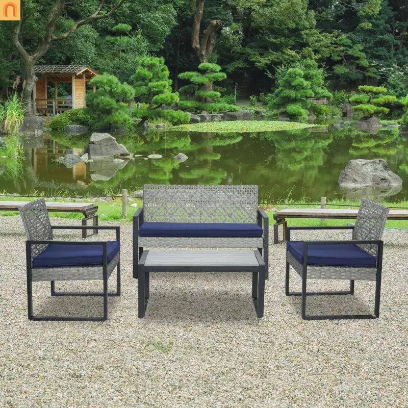 Outdoor Sectional Set PE Rattan Gray Acacia Blue Cushions 4 Piece