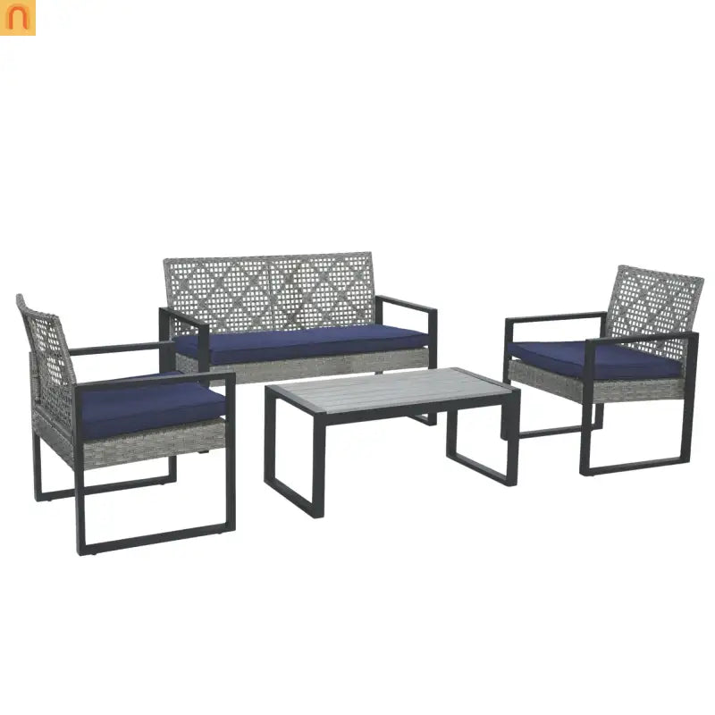Outdoor Sectional Set PE Rattan Gray Acacia Blue Cushions 4 Piece