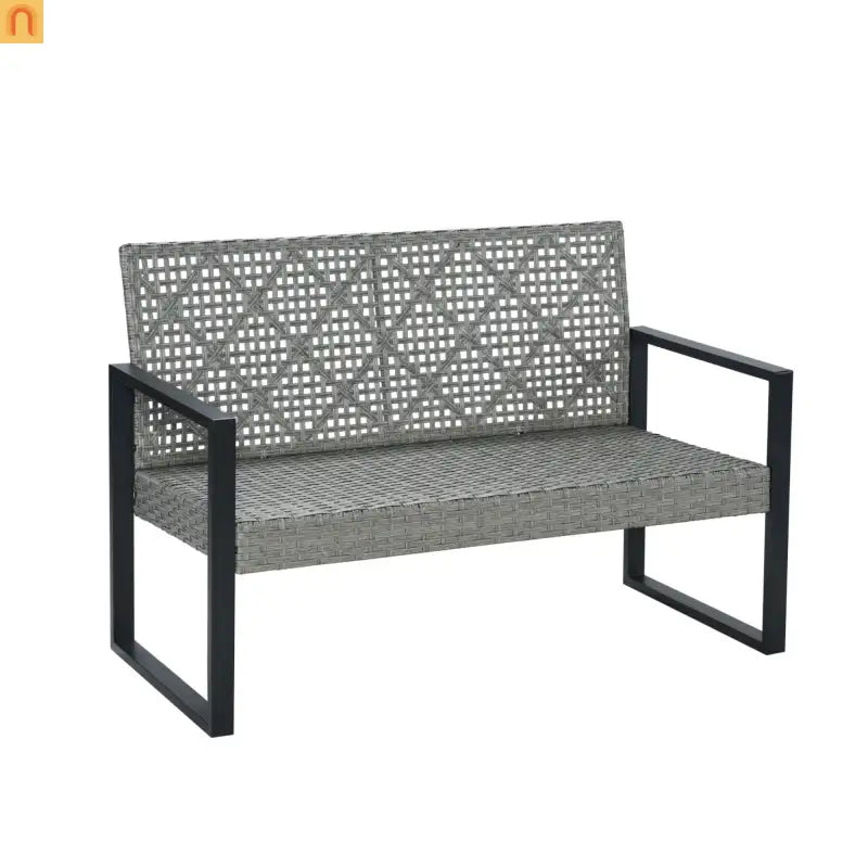 Outdoor Sectional Set PE Rattan Gray Acacia Blue Cushions 4 Piece