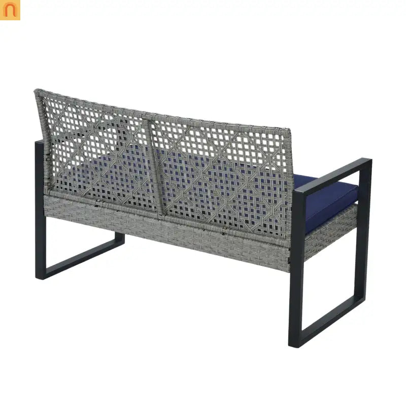 Outdoor Sectional Set PE Rattan Gray Acacia Blue Cushions 4 Piece
