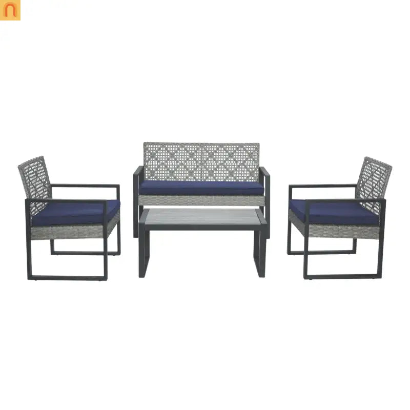 Outdoor Sectional Set PE Rattan Gray Acacia Blue Cushions 4 Piece