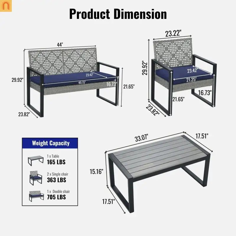 Outdoor Sectional Set PE Rattan Gray Acacia Blue Cushions 4 Piece