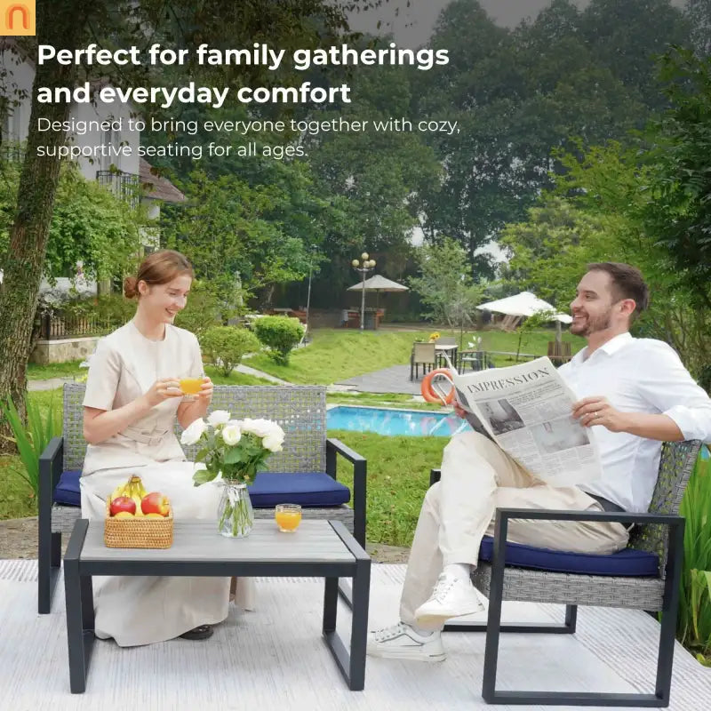 Outdoor Sectional Set PE Rattan Gray Acacia Blue Cushions 4 Piece
