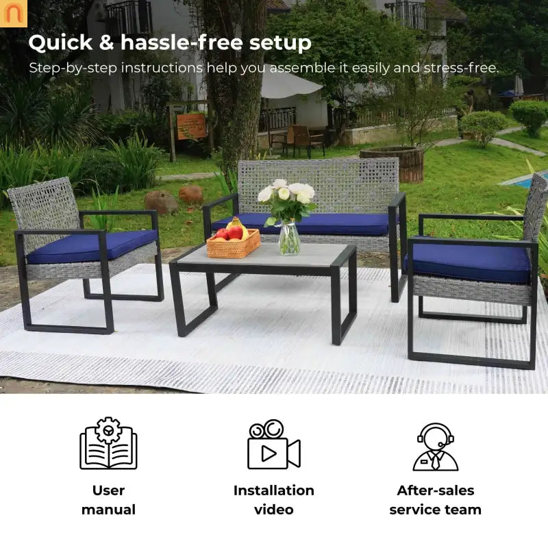 Outdoor Sectional Set PE Rattan Gray Acacia Blue Cushions 4 Piece