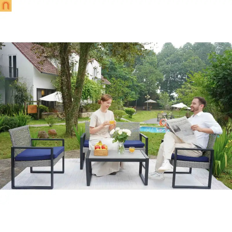 Outdoor Sectional Set PE Rattan Gray Acacia Blue Cushions 4 Piece
