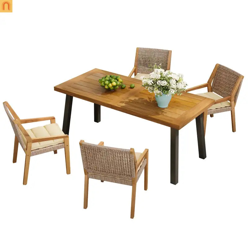 Outdoor Dining Set Acacia Wood Wicker Teak Cream Cushions Stackable