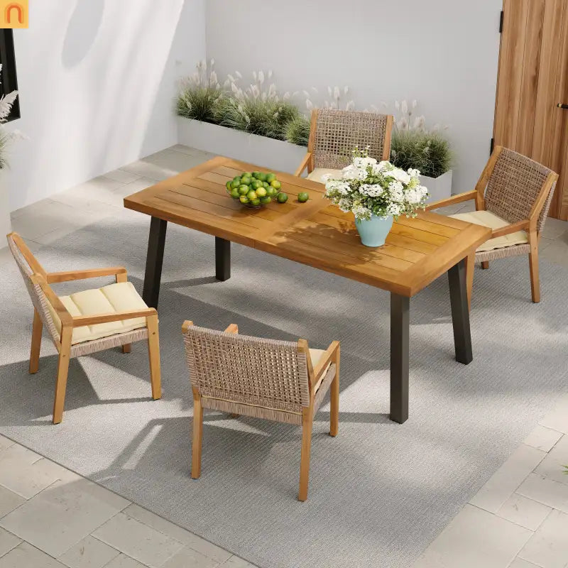 Outdoor Dining Set Acacia Wood Wicker Teak Cream Cushions Stackable