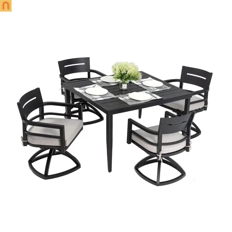 Outdoor Dining Set Aluminum Black 5 Piece 4 Swivel Rockers 40in Table