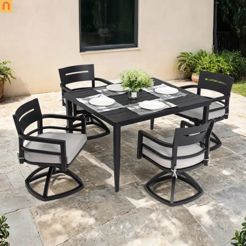 Outdoor Dining Set Aluminum Black 5 Piece 4 Swivel Rockers 40in Table