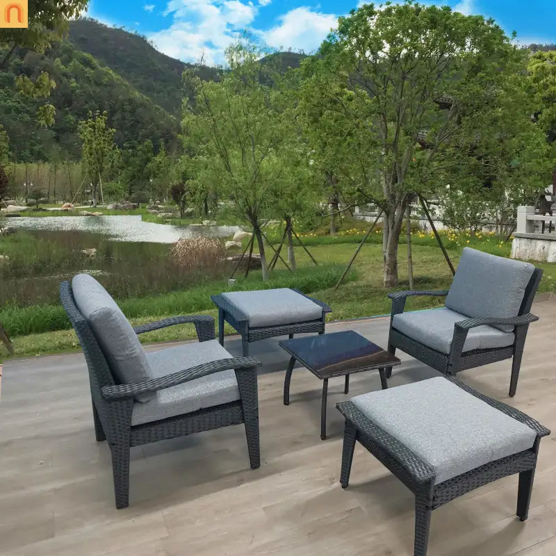 Outdoor Patio Set Rattan Gray 5-Piece Chair Ottoman Table