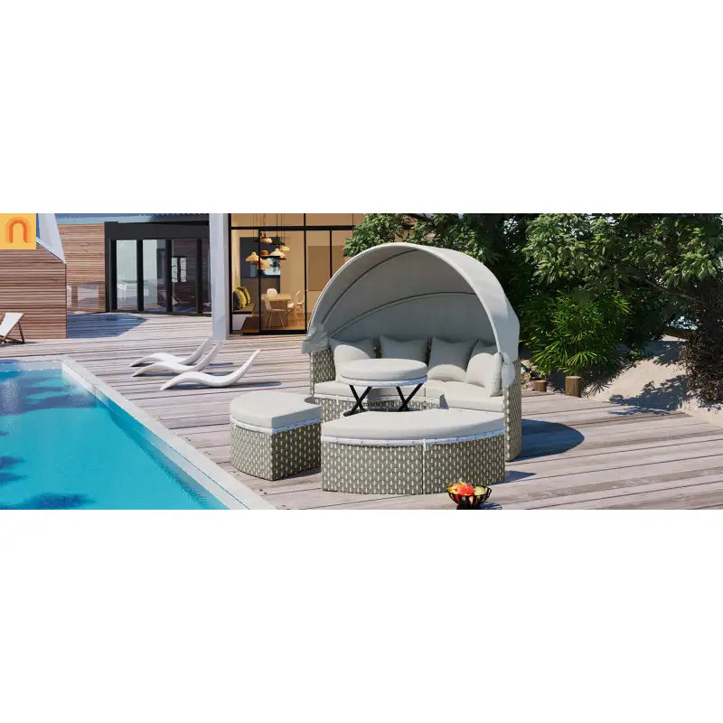 Outdoor Round Sectional Set Rattan Gray Retractable Canopy