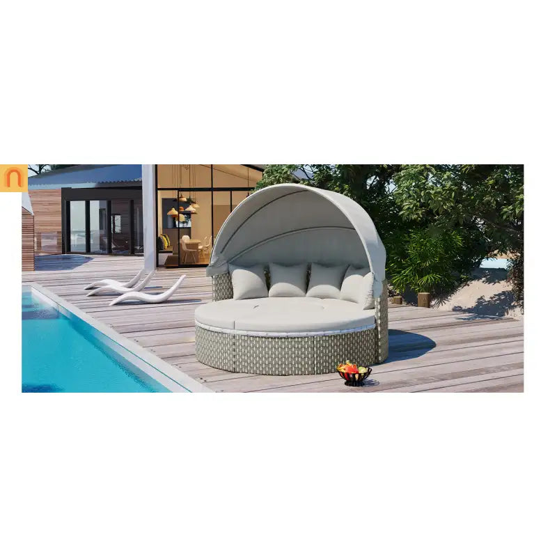 Outdoor Round Sectional Set Rattan Gray Retractable Canopy